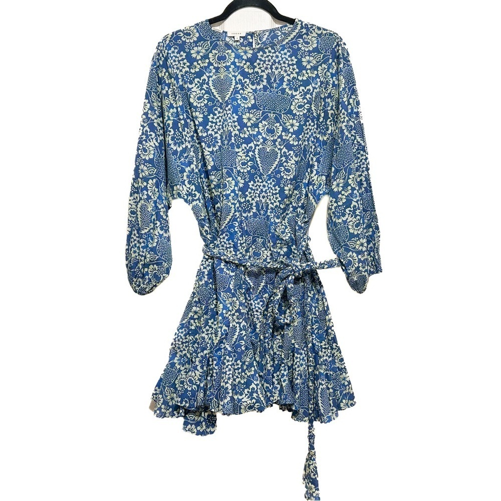RHODE Floral Print Dress Blue Cream Feminine Ruffle Cotton Beach Vacation Sz Med